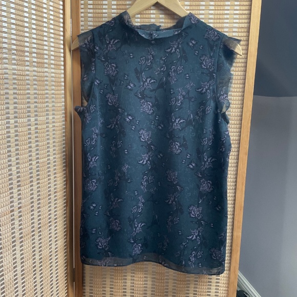 Cabi Womens Blouse Top Sheer Green Plum Floral Evermore Frayed Sleeves 3065 - Picture 2 of 9